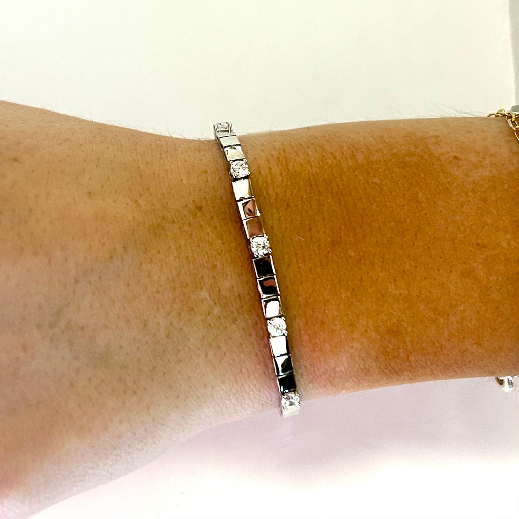 Silver Or Gold Tile & CZ Tennis Bracelet