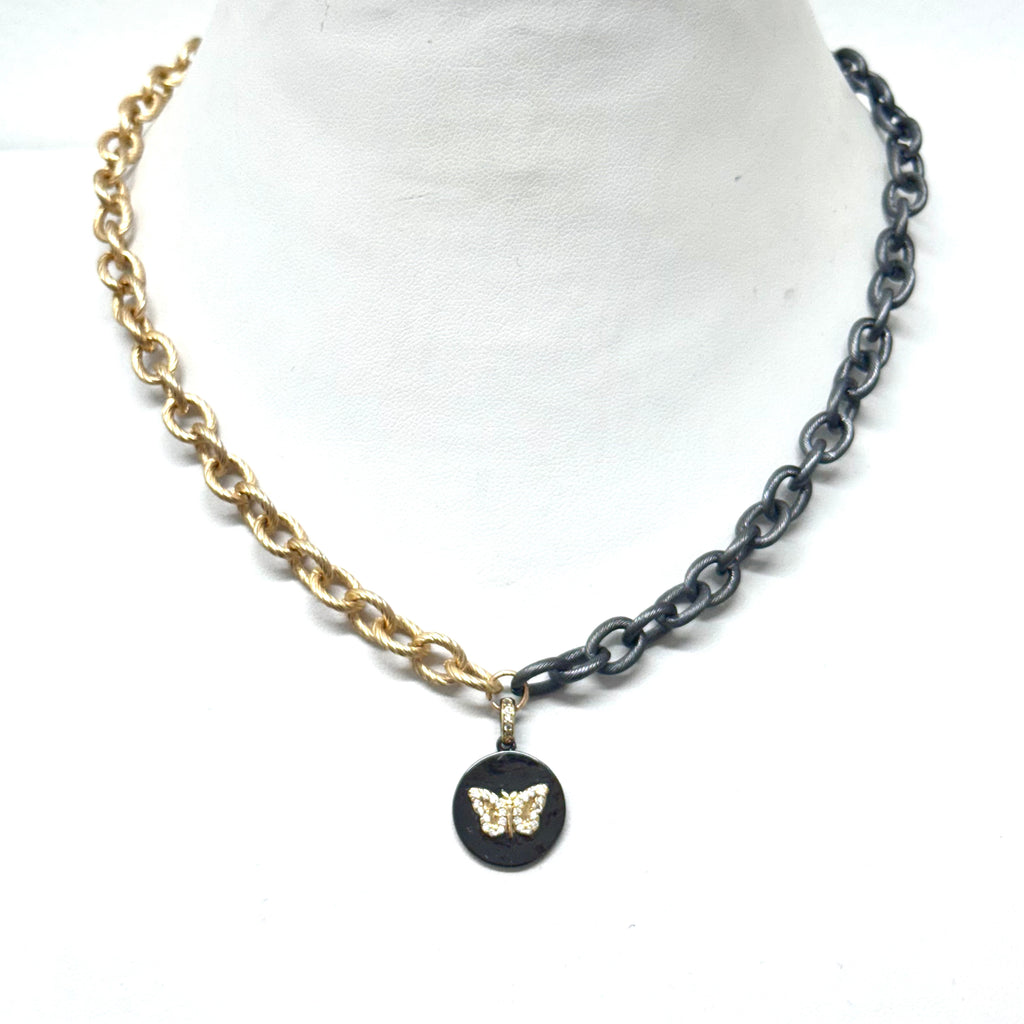 Two-Tone Chain with Butterfly Disc Charm Necklace