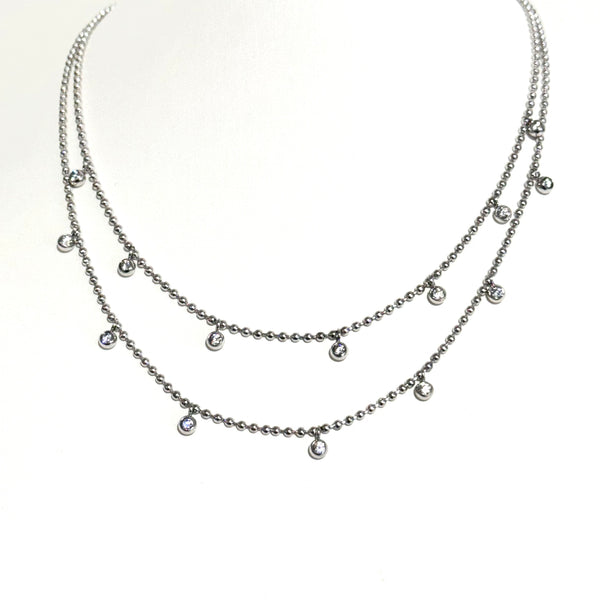 Two Chain Ball Necklace With CZ In Gold And Silver