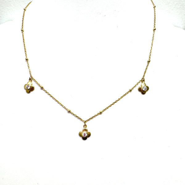 Three Clover With CZ Drop Necklace