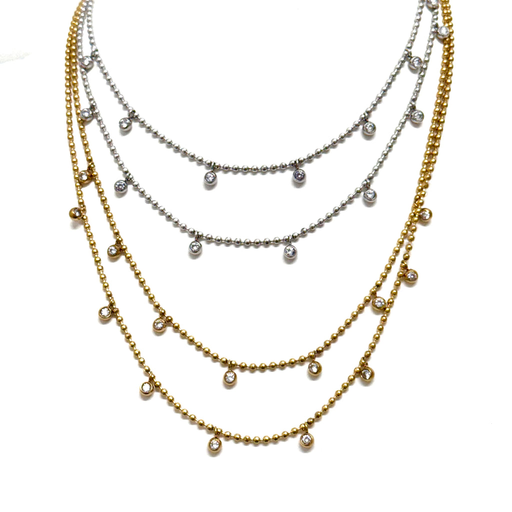 Two Chain Ball Necklace With CZ In Gold And Silver