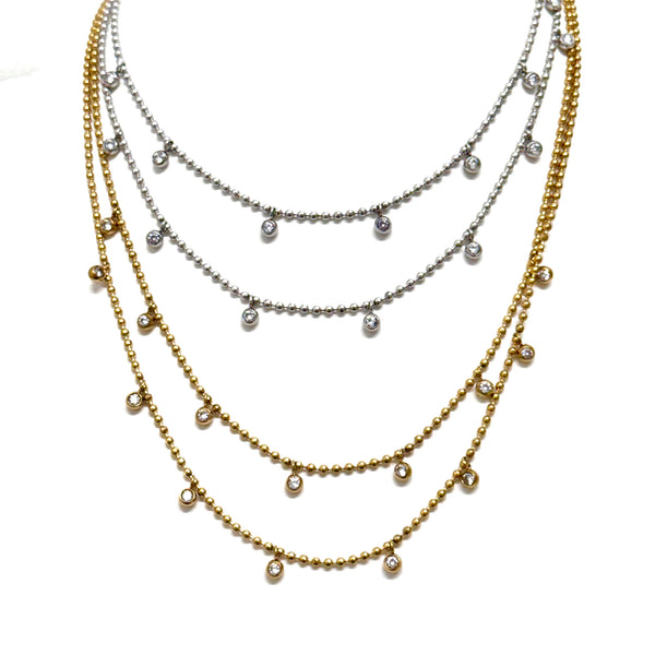 Two Chain Ball Necklace With CZ In Gold And Silver