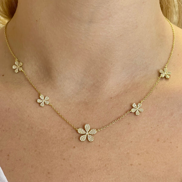 5 Station Pave Flower Necklace