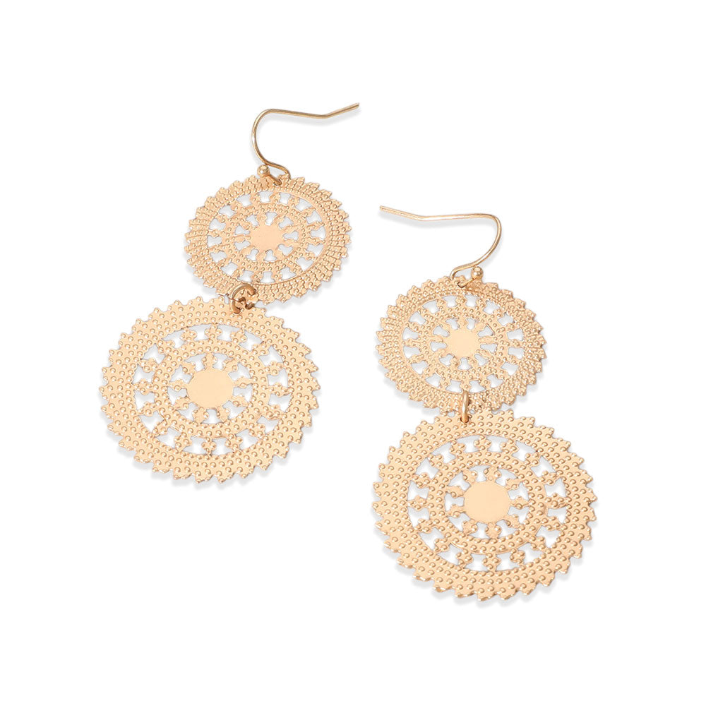 Metal Double Wheel Drop Filigree Earrings