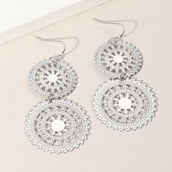 Metal Double Wheel Drop Filigree Earrings