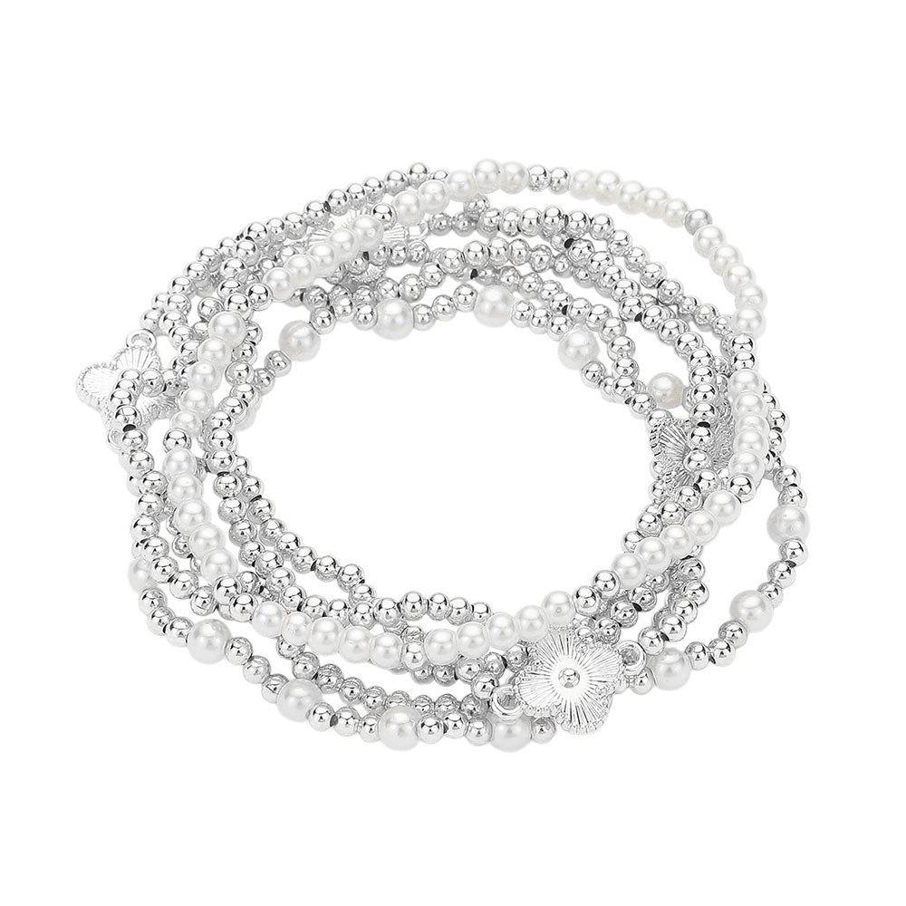 Metal Quatrefoil Ball Pearl Beaded Stretch Multi Layered Bracelets