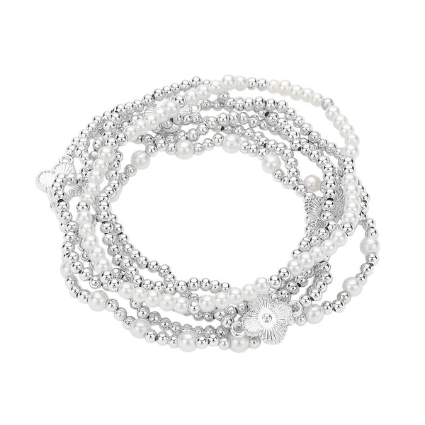 Metal Quatrefoil Ball Pearl Beaded Stretch Multi Layered Bracelets