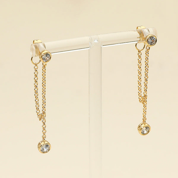 18K Gold Dipped Round Stone Bezel Accent Cascading Double Chain Drop Earrings