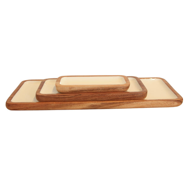 Set of 3  Acacia & Enamel Trays