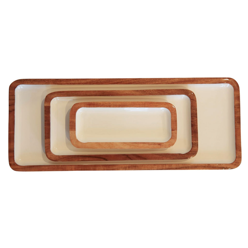 Set of 3  Acacia & Enamel Trays