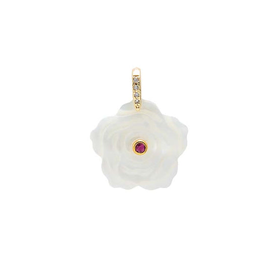 Mother of Pearl Flower Charm With Ruby Red Center Stone
