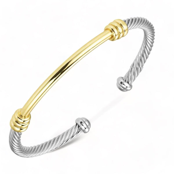 Silver Cable Cuff With Gold Bar Bracelet