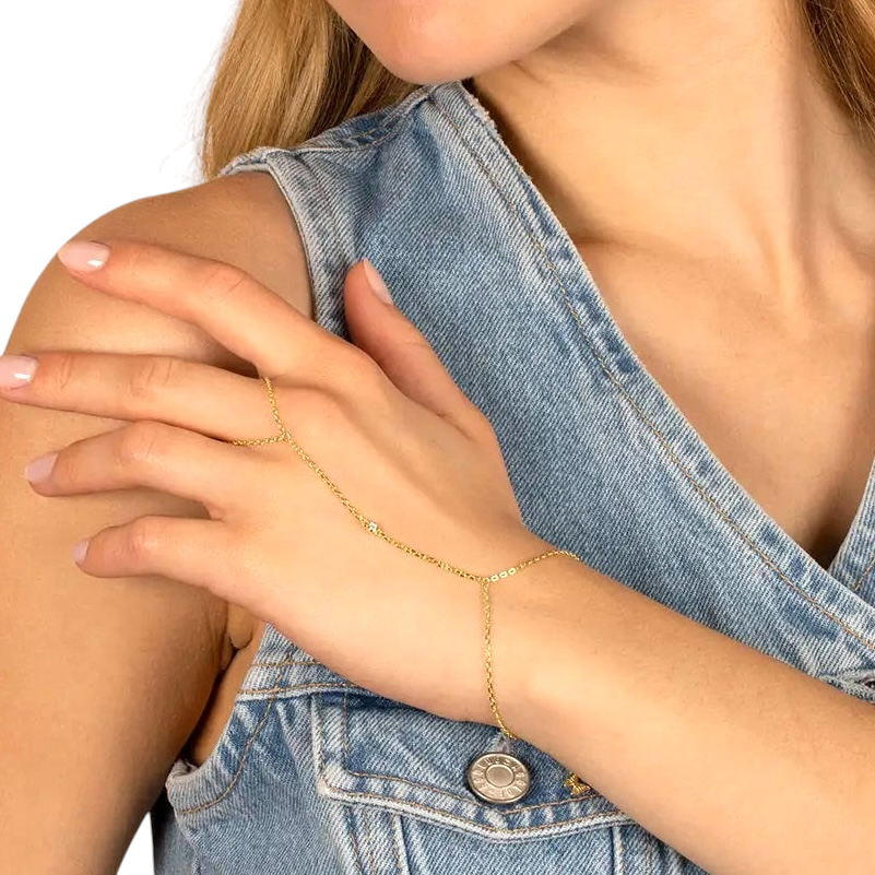 Single CZ Bezel Gold Hand Chain