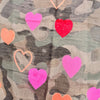 Animal Print Camo Woven Scarf With Sequin Hearts