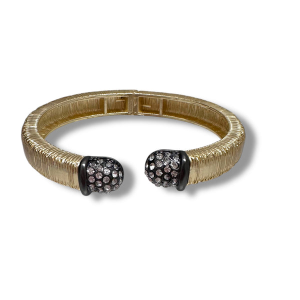 Onyx and CZ Textured Gold Cuff Bracelet