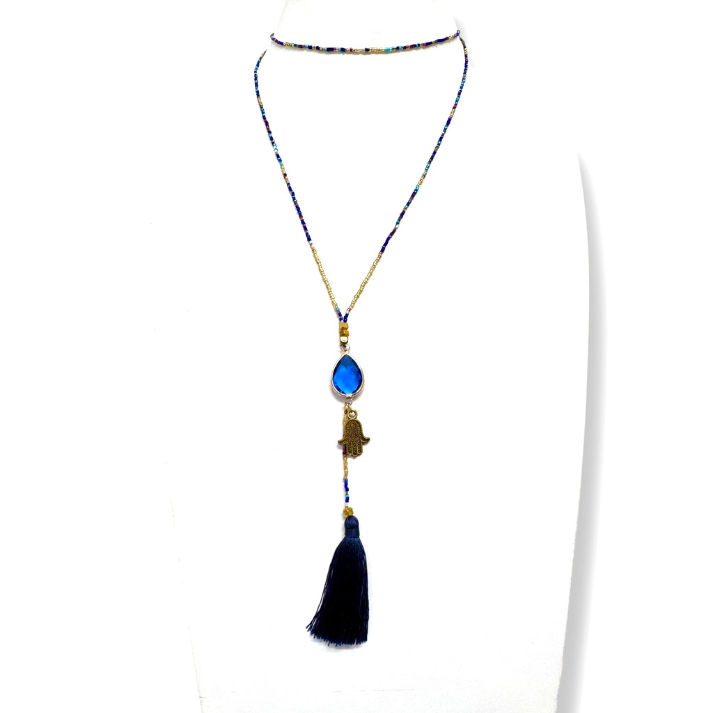 Beaded Tassel Necklace with Hamsa Charm