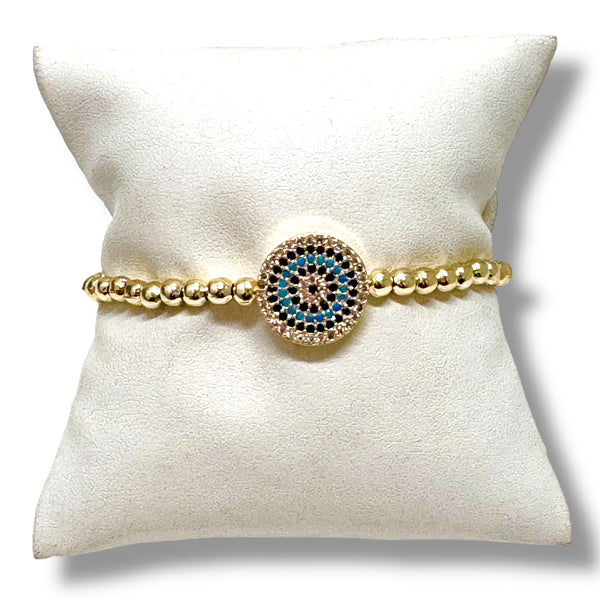 Gold Beaded Bracelet with CZ Evil Eye Charm