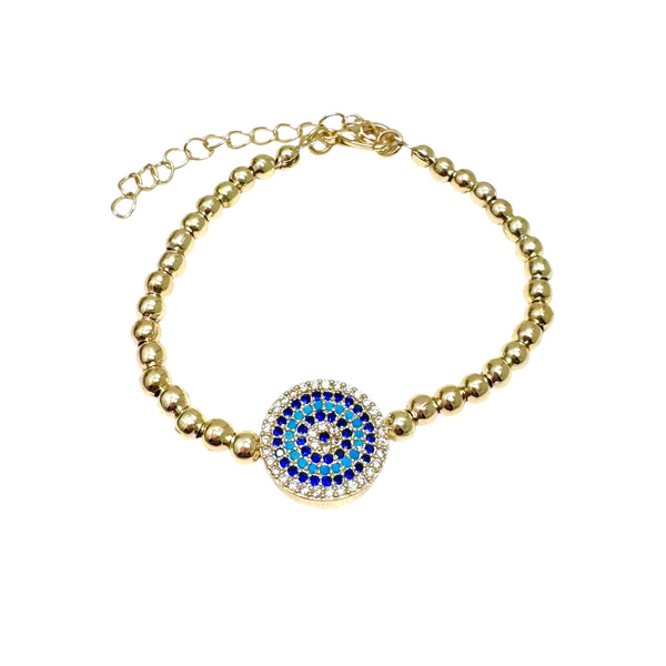 Gold Beaded Bracelet with CZ Evil Eye Charm