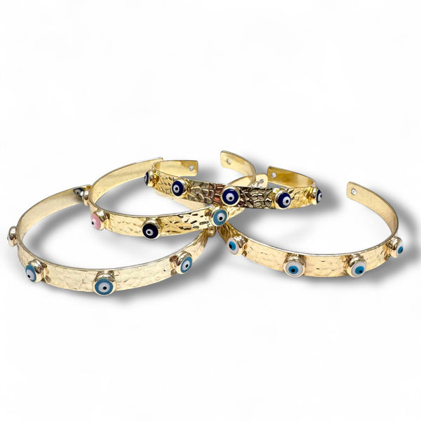 Hammered Gold Cuff Bracelet with Evil Eye