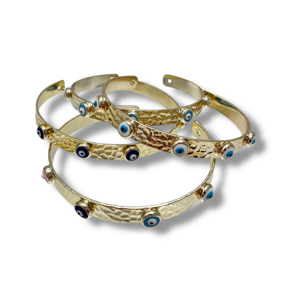Hammered Gold Cuff Bracelet with Evil Eye