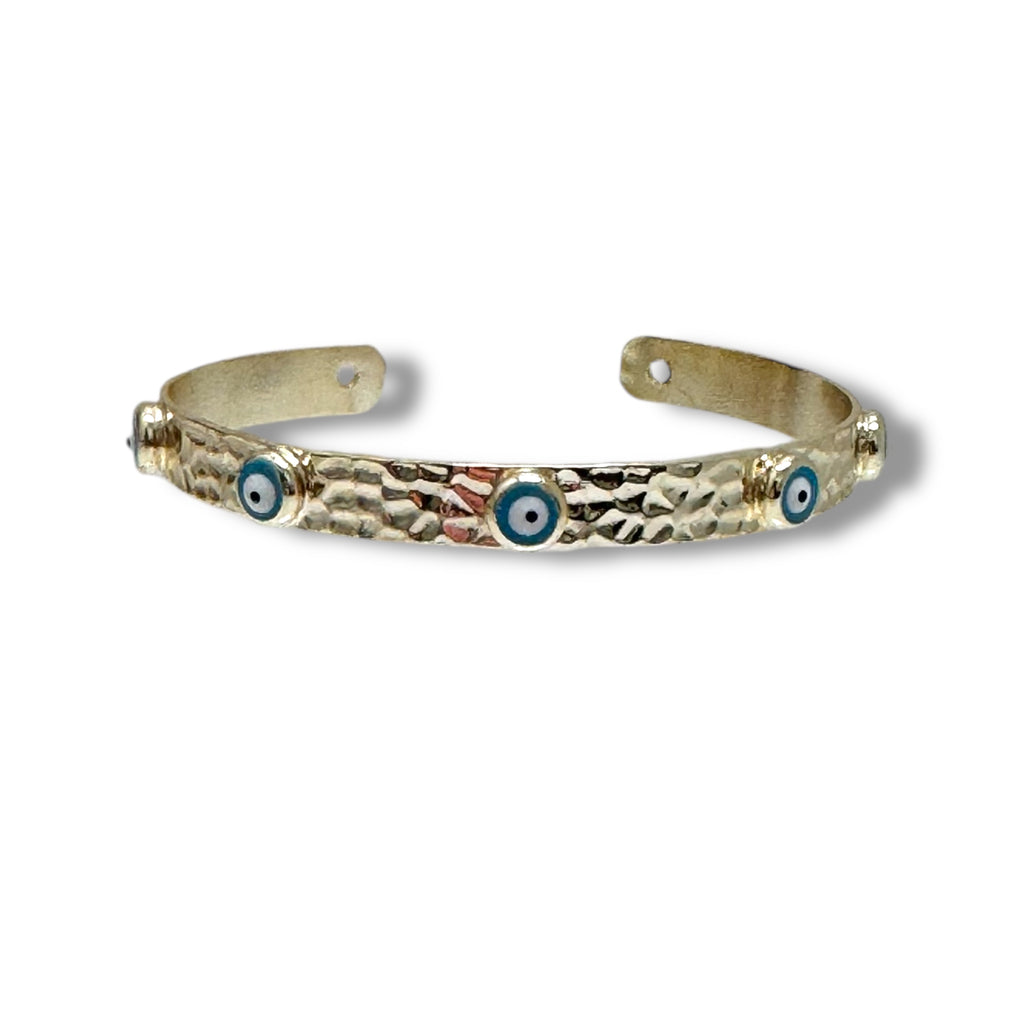 Hammered Gold Cuff Bracelet with Evil Eye