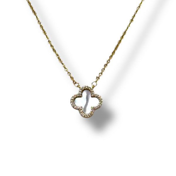 Medium Sterling Mother of Pearl Clover Necklace with CZ Trim