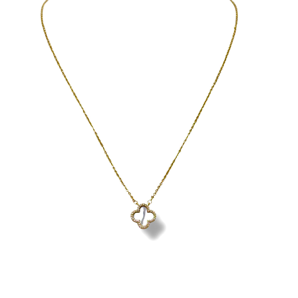 Medium Sterling Mother of Pearl Clover Necklace with CZ Trim