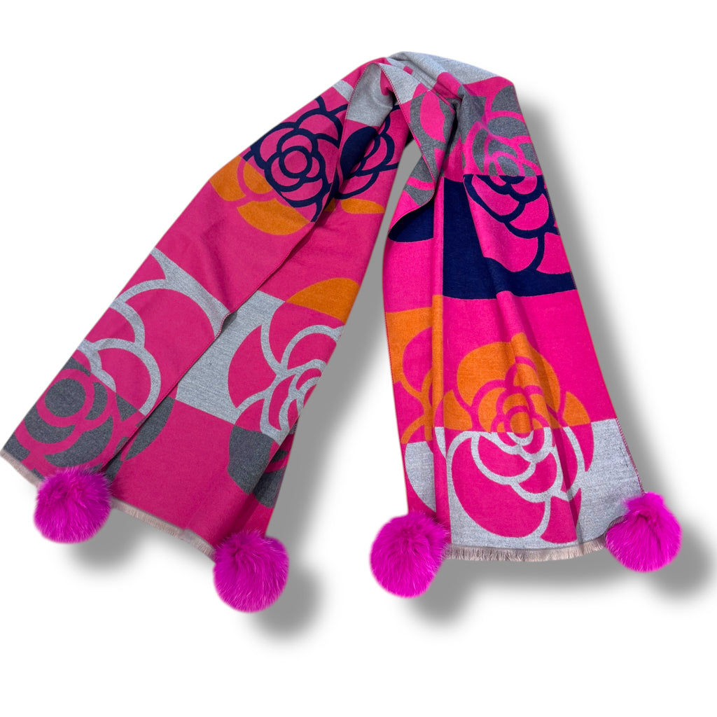 Fuchsia Woven Wide Scarf With Floral Pattern And Fox Poms