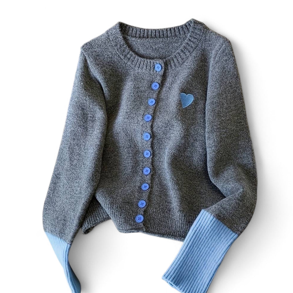 Button Down Grey Sweater with Heart Patch