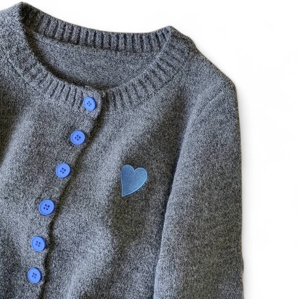 Button Down Grey Sweater with Heart Patch