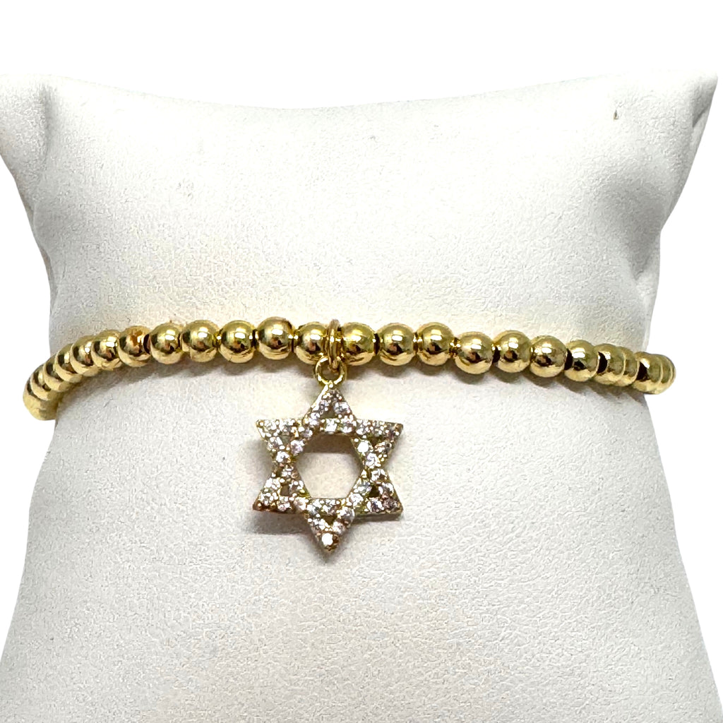 4mm Gold Beaded CZ Star of David Charm Bracelet