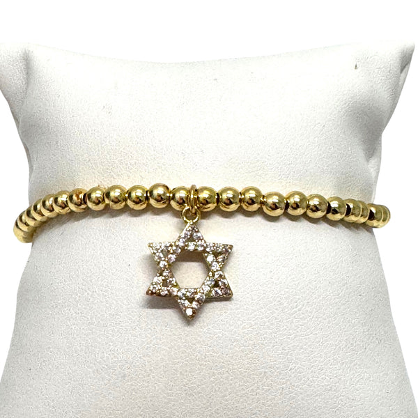 4mm Gold Beaded CZ Star of David Charm Bracelet