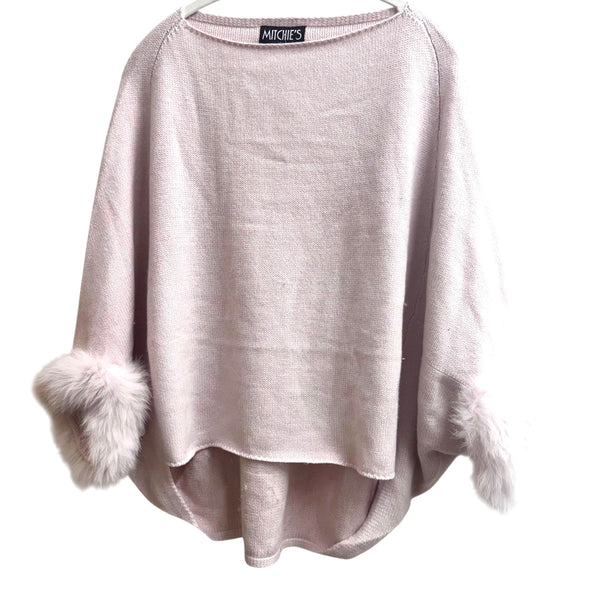 Dusty Pink Knit Poncho With Fox Fur Trim Sleeves