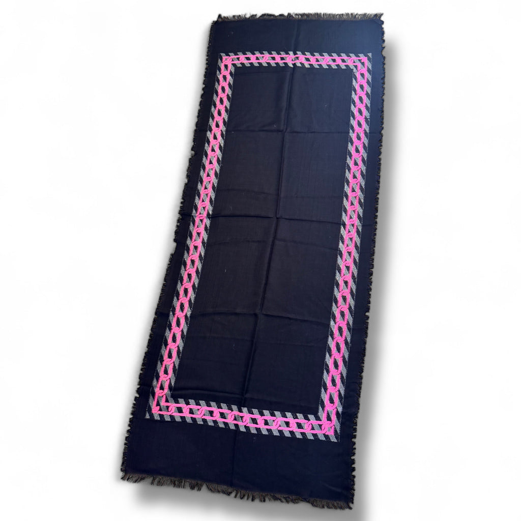 Hot Pink,Grey and Black Woven Scarf With Chain Detail