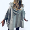 Light Grey Knit Poncho With Pockets And Fur Trim Hood