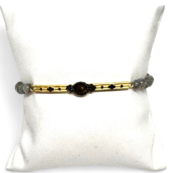 Labradorite Beaded Bracelet with Gold Bar and Stones