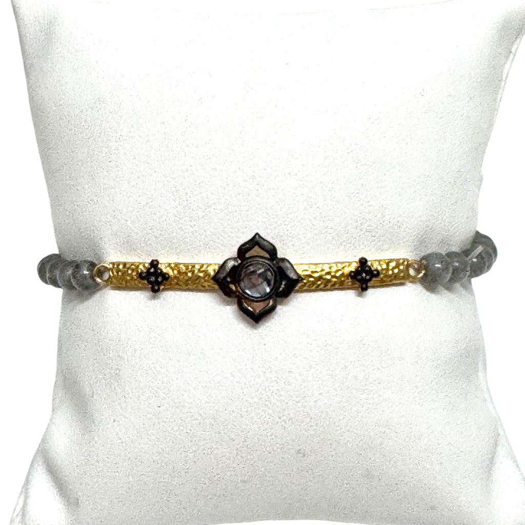 Labradorite Beaded Bracelet with Gold Bar and Stones