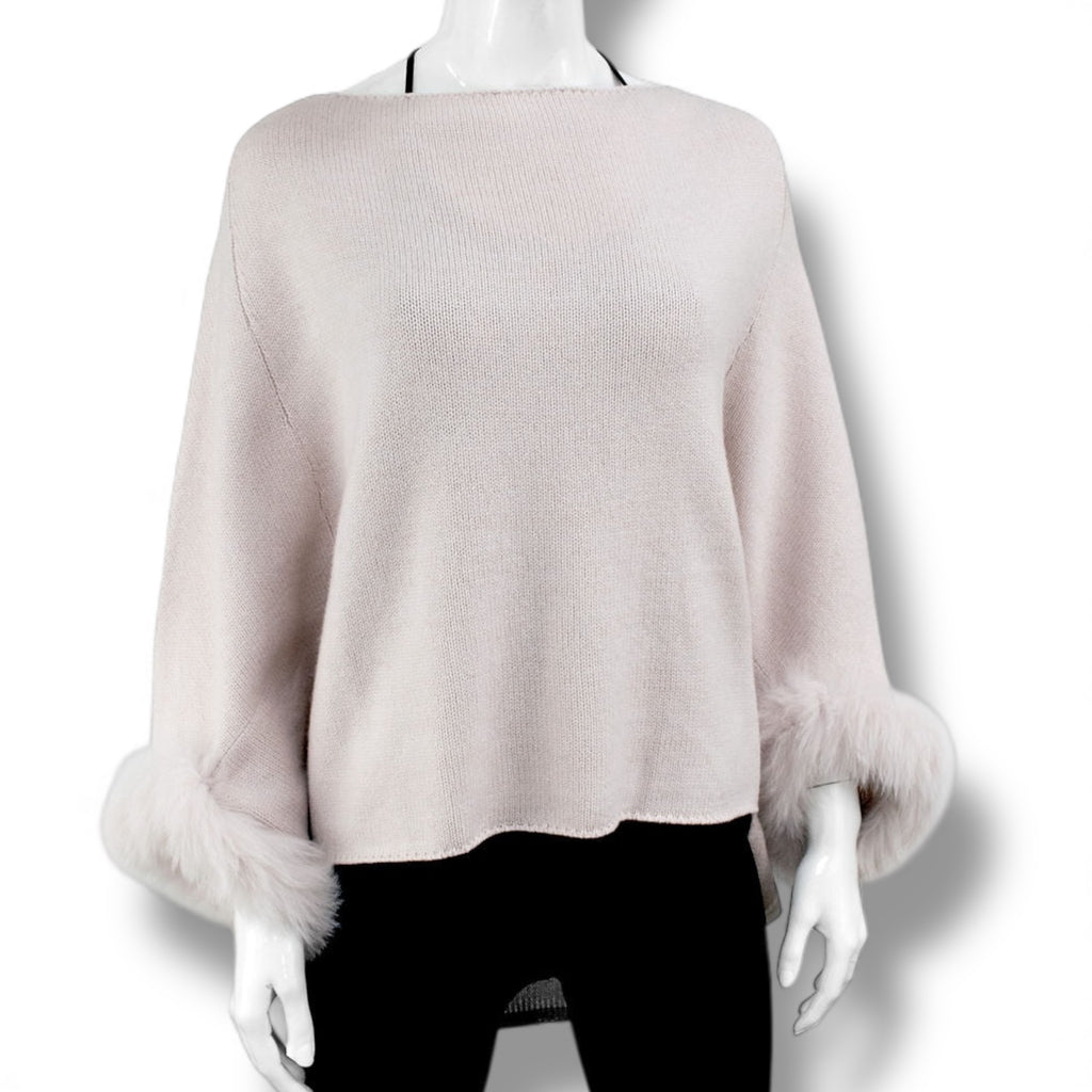 Dusty Pink Knit Poncho With Fox Fur Trim Sleeves