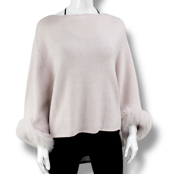 Dusty Pink Knit Poncho With Fox Fur Trim Sleeves