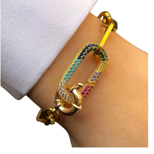 Colorful CZ Carabiner Paperclip Bracelet