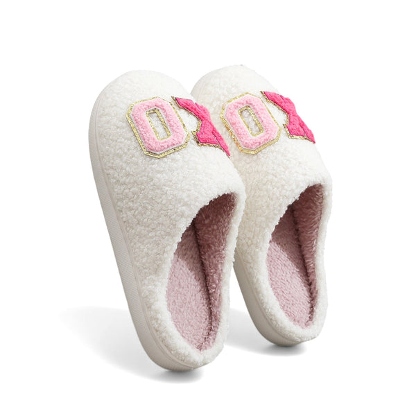 Xo Xo Glitter Trim Letter Patched Plush House Slippers