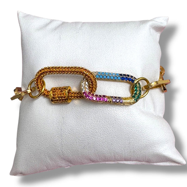 Double Colorful Pave Carabiner Paperclip Bracelet