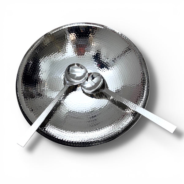 Hammered Silver Bowl with Wood Base and Serving Utensils