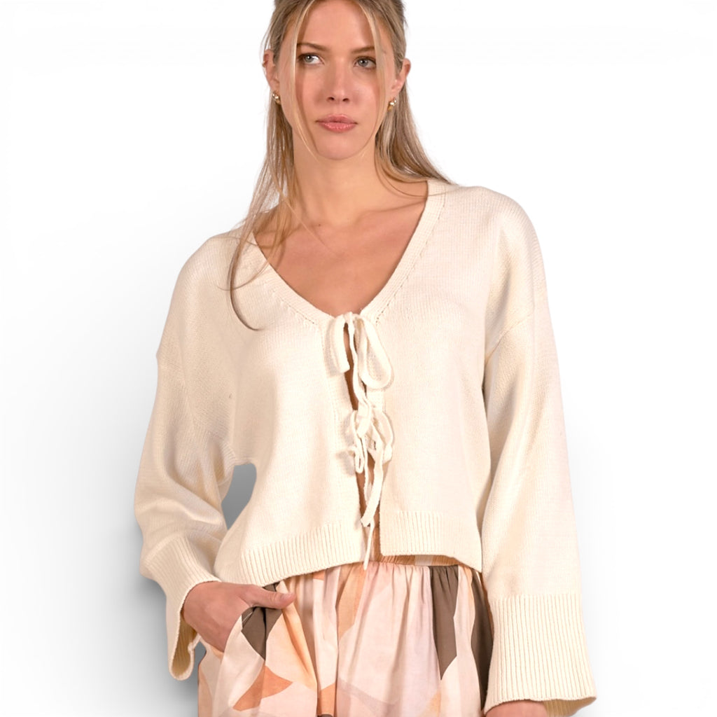 Off White Cardigan With Tie Front