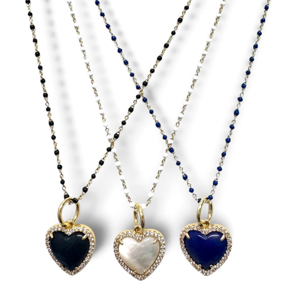 Colored Beaded Chain Necklace with Beautiful Cz Framed Heart Charm