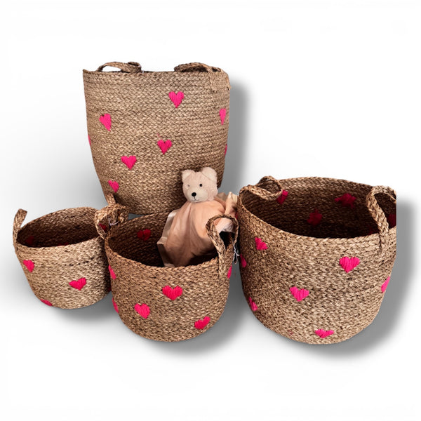 Hand Woven Seagrass and Hearts Baskets with Handles