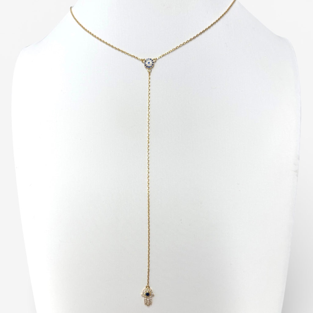 Gold Hamsa and Evil Eye Y Necklace