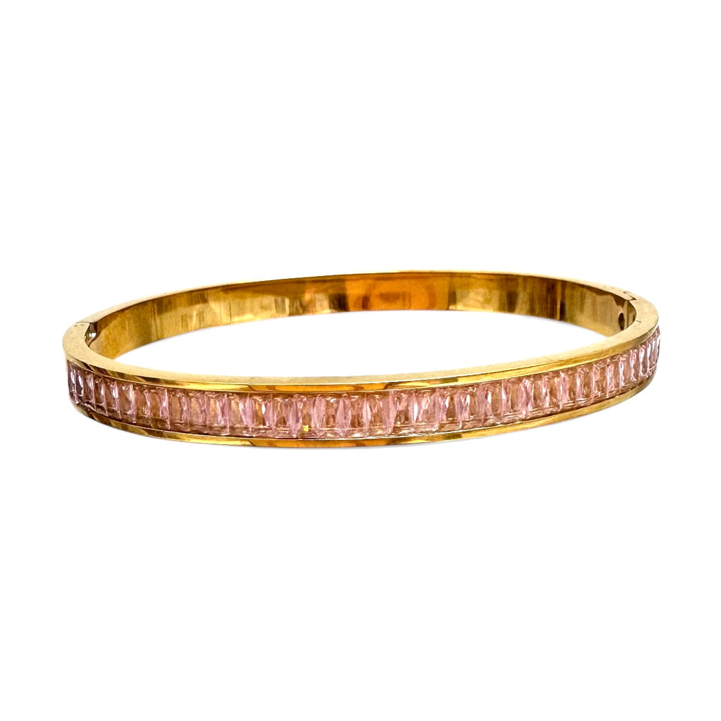 Gold Bangle Bracelet with Pink CZ Baguettes