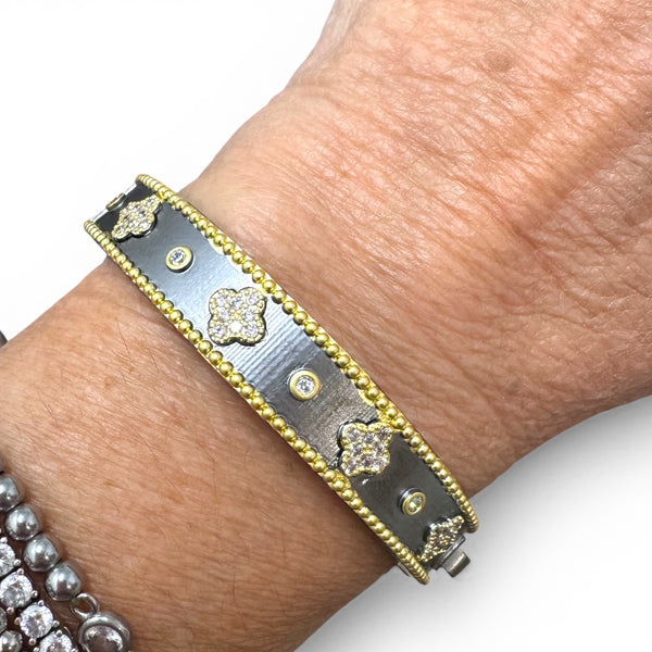 Hematite and Gold Cz Clover Bangle