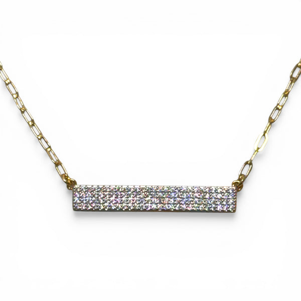 Gold Paperclip Chain Necklace with Long Pave Bar